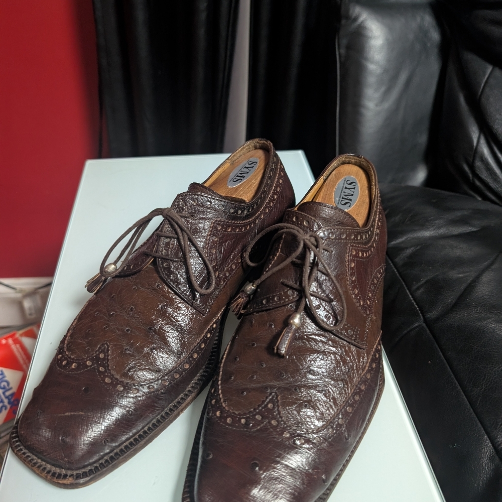 Brown Genuine Ostrich   Leather Men's Shoes